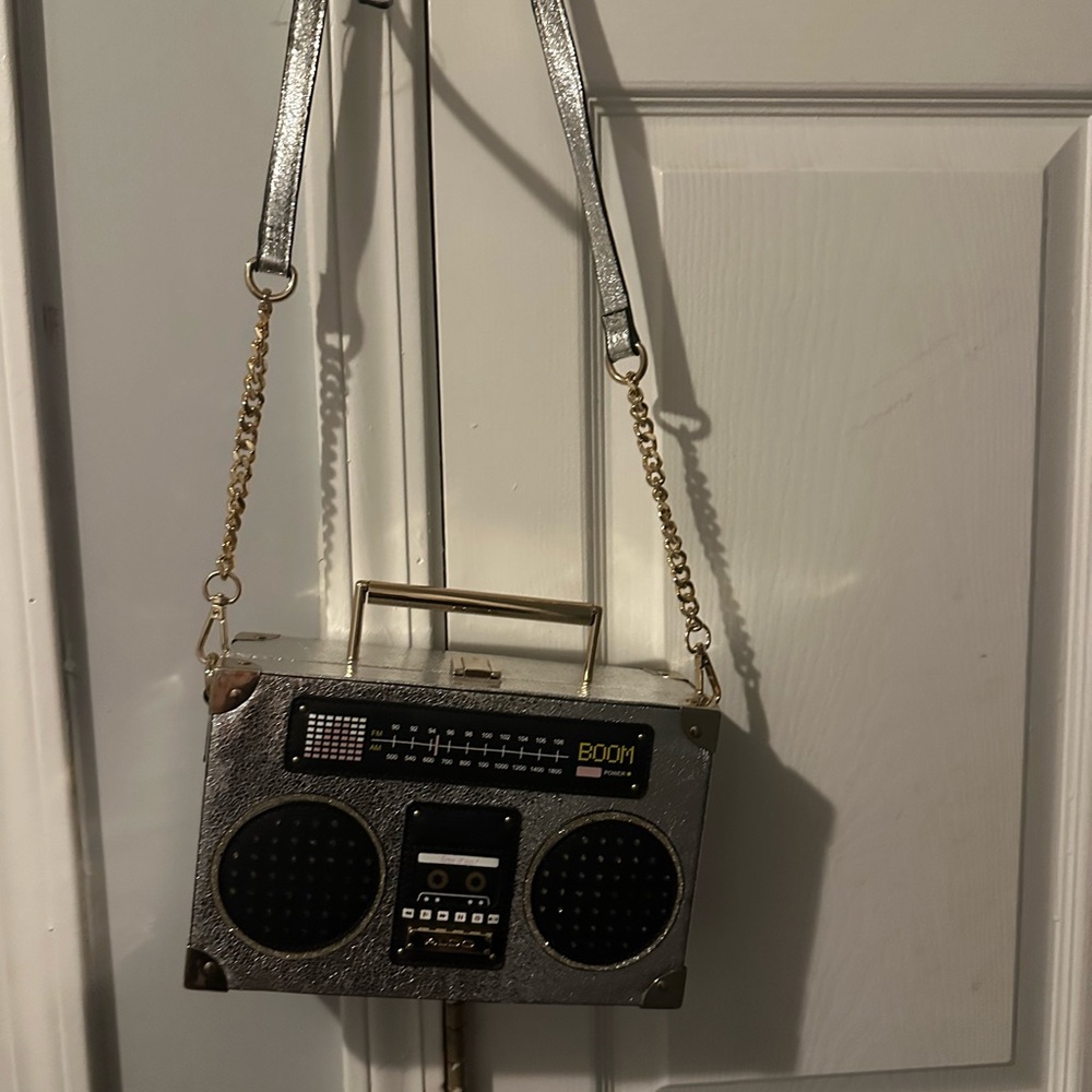 Boom Box Style Portable Audio Speaker - Silver.  Aldo Kuzitri boombox purse